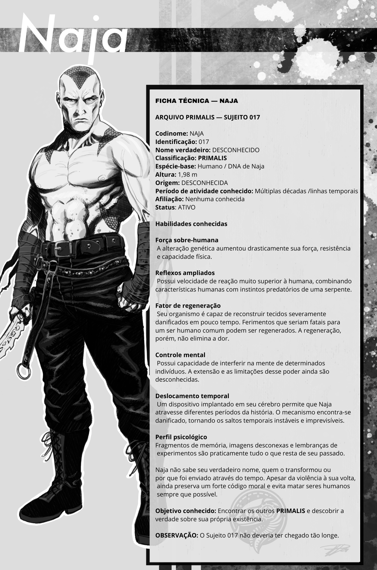 NAJA dossier: identification, abilities, psychological profile and known objective.